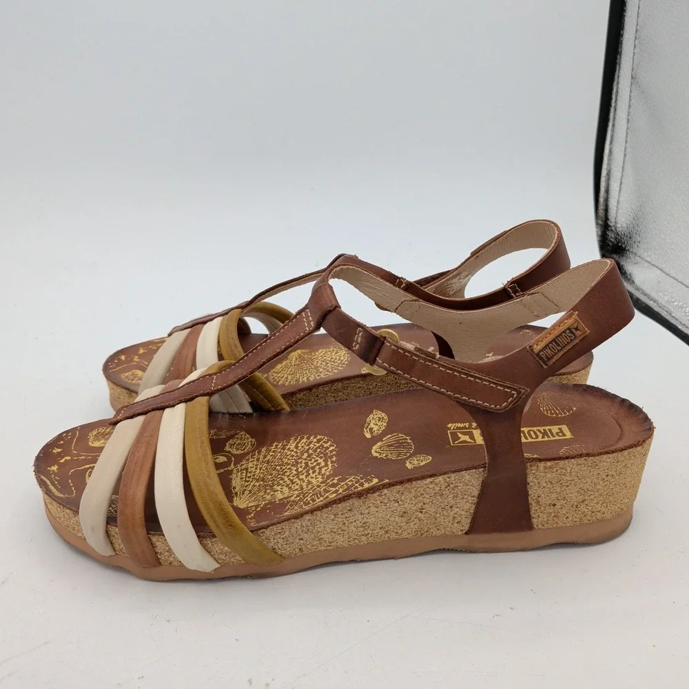 Pikolinos Mahon W9E-0654C1 Cuero Leather Wedge Sandals Brown Multi Womens 40